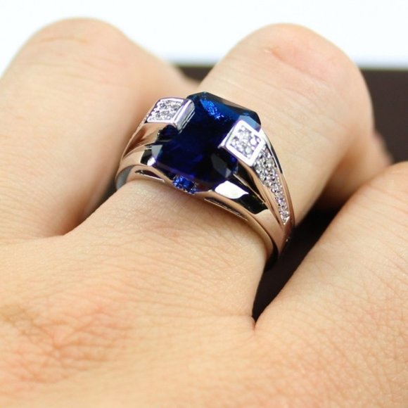 ✨ Double Layer Cubic Crystal Royal Gem Blue Rings foe Women, PD667 - Picture 2 of 4